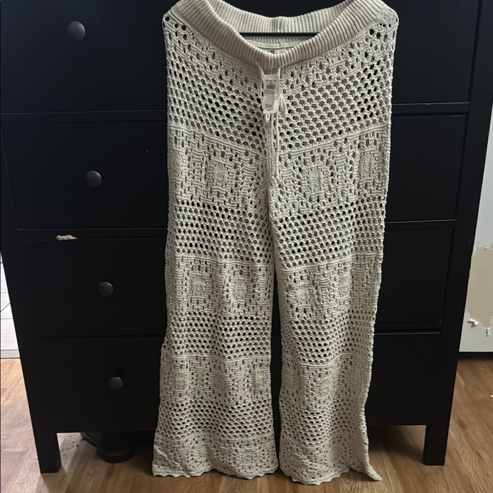 American Eagle Outfitters Cream Wide Leg Crochet Pants